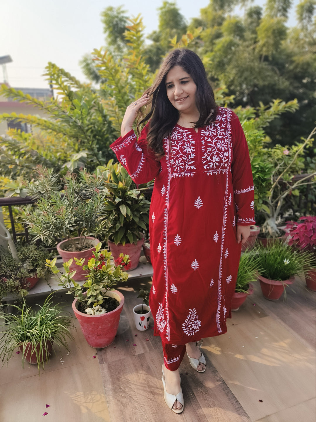 Red Velvet Chikankari kurta with Pant Set Custom-Made