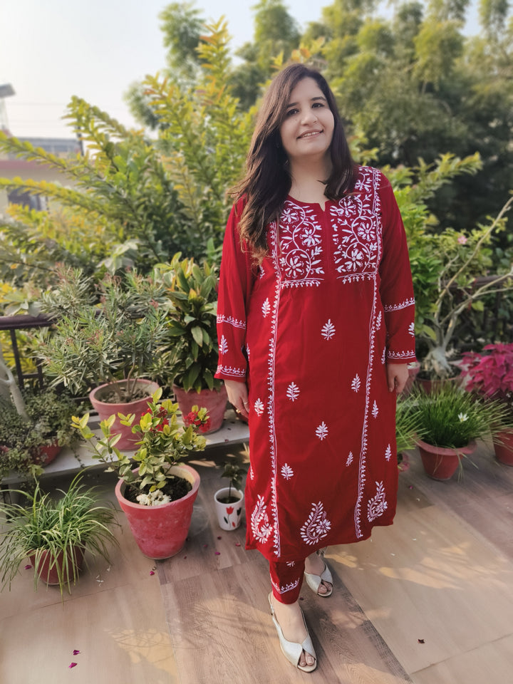 Red Velvet Chikankari kurta with Pant Set Custom-Made