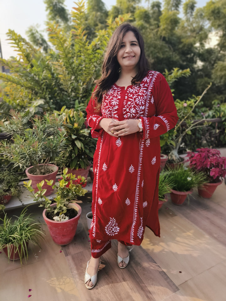 Red Velvet Chikankari kurta with Pant Set Custom-Made