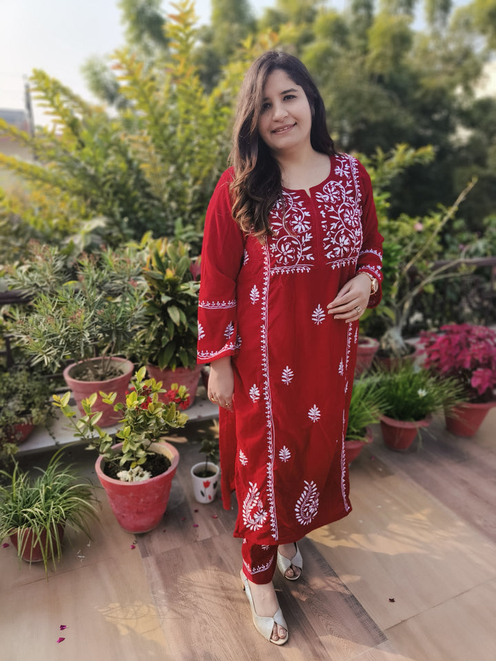 Red Velvet Chikankari kurta with Pant Set Custom-Made