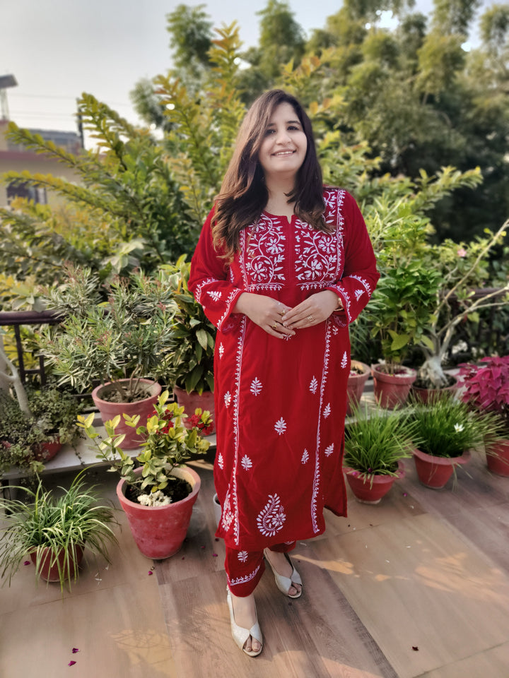 Red Velvet Chikankari kurta with Pant Set Custom-Made