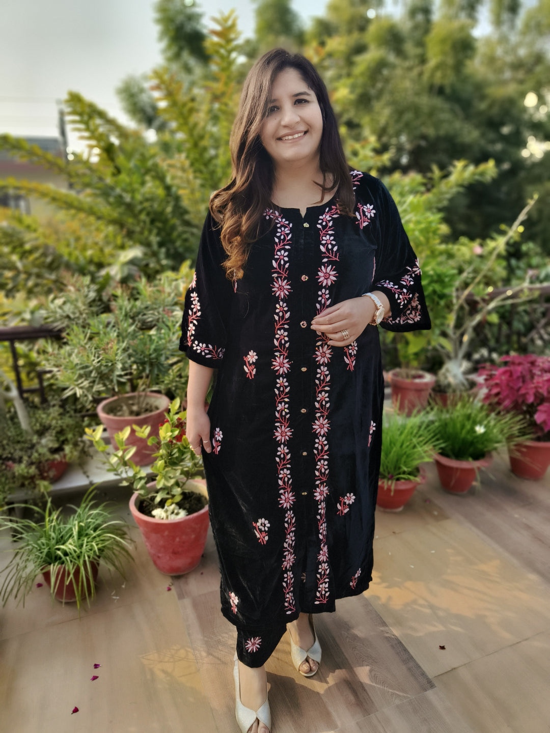 Black Velvet Chikankari kurta With Pant Set Custom-Made