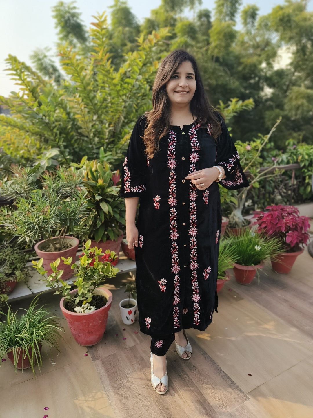Black Velvet Chikankari kurta With Pant Set Custom-Made