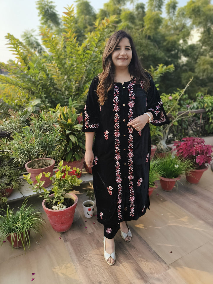 Black Velvet Chikankari kurta With Pant Set Custom-Made