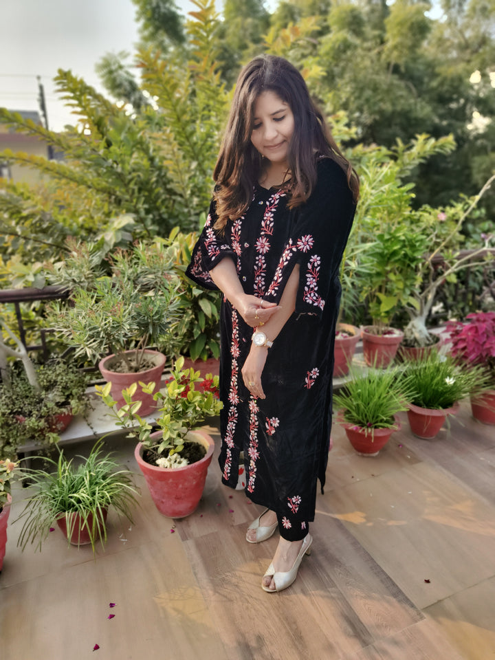 Black Velvet Chikankari kurta With Pant Set Custom-Made