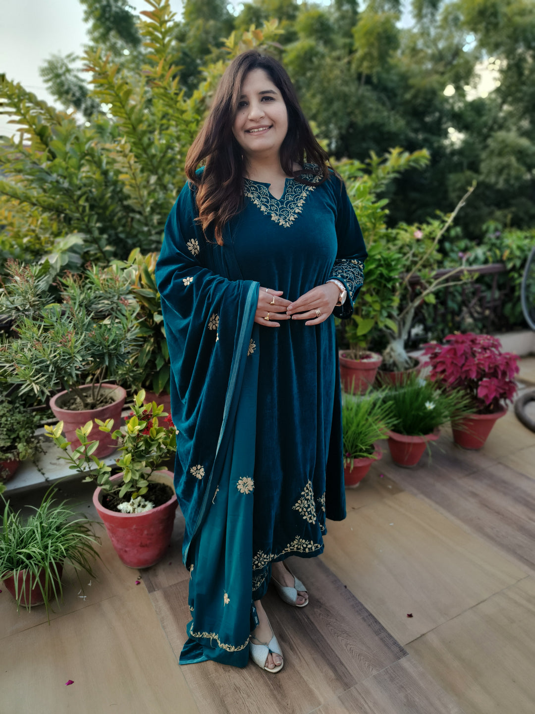 Teal Green Velvet Chikankari kurta with Pant Set Custom-Made