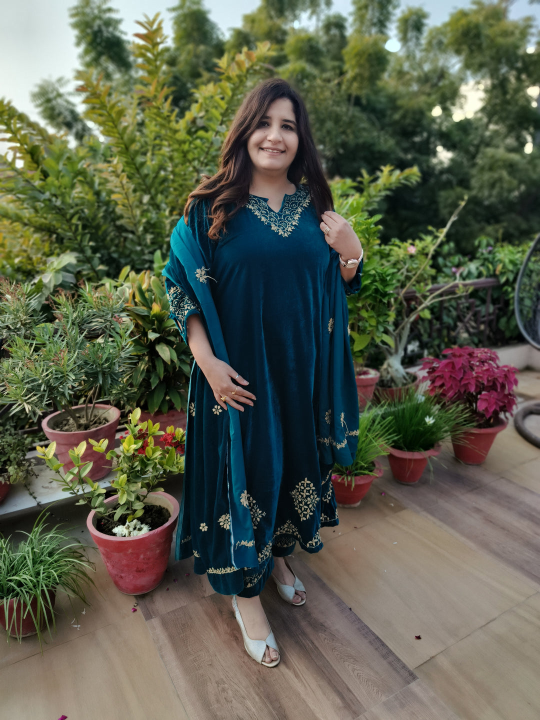 Teal Green Velvet Chikankari kurta with Pant Set Custom-Made