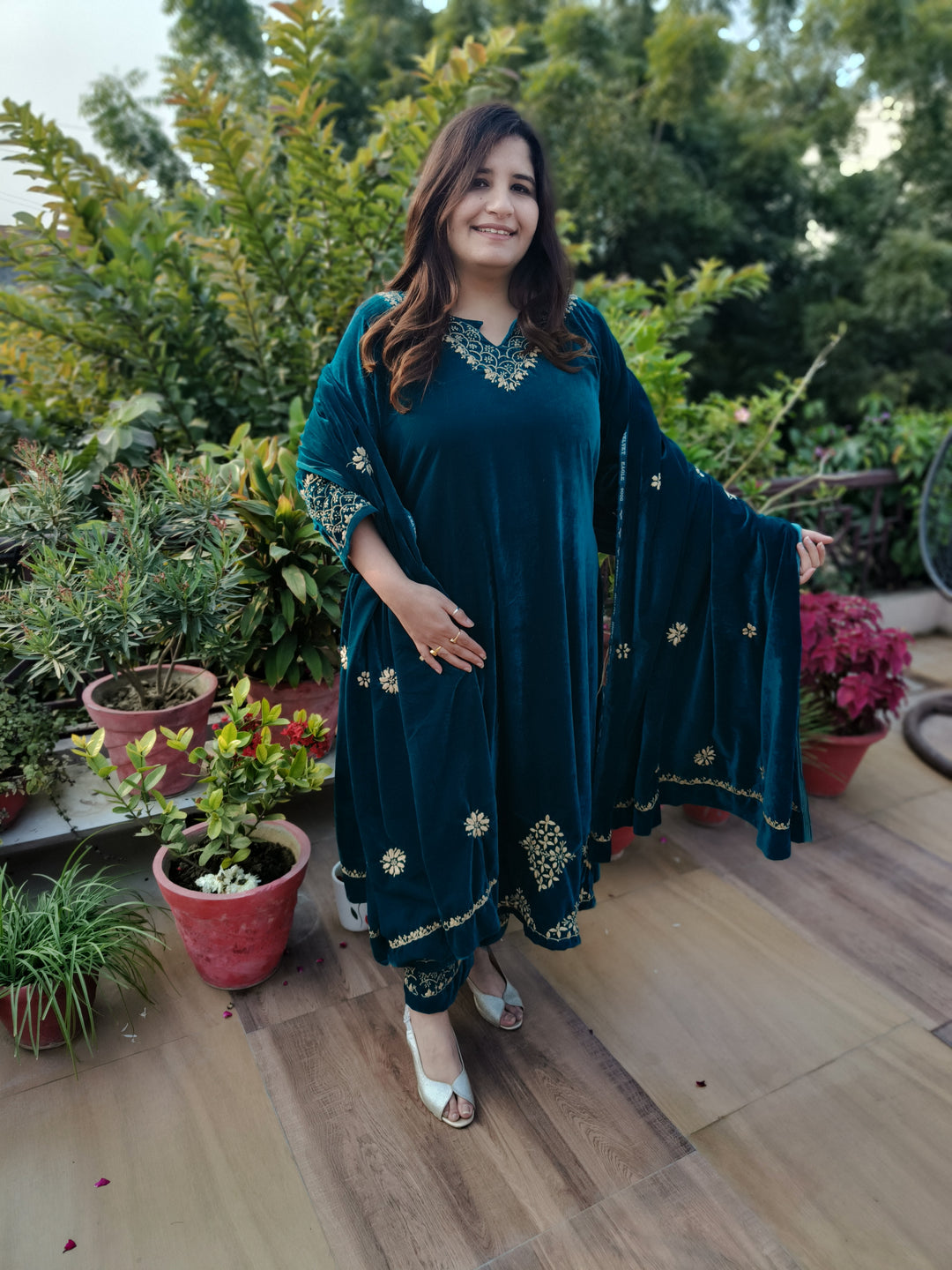 Teal Green Velvet Chikankari kurta with Pant Set Custom-Made