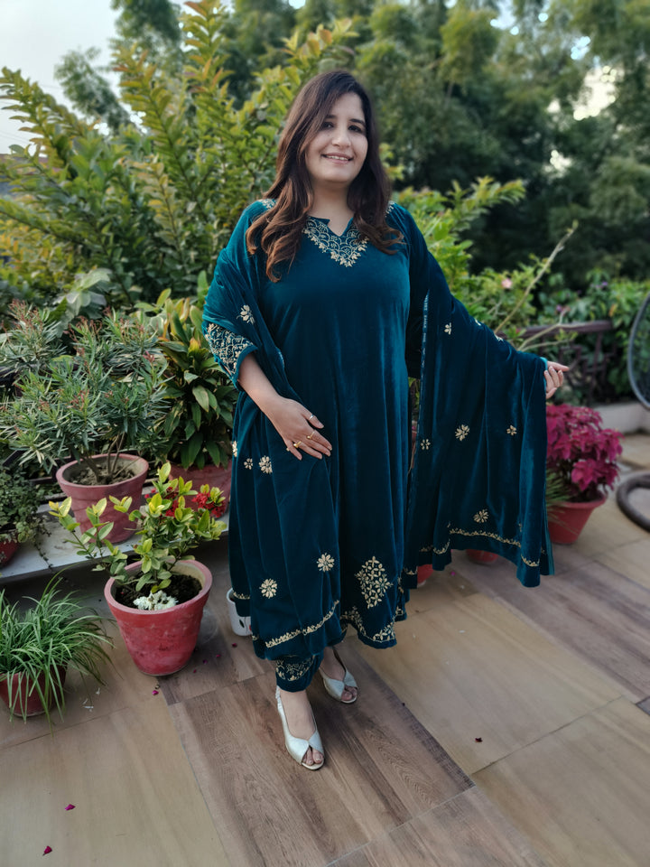 Teal Green Velvet Chikankari kurta with Pant Set Custom-Made