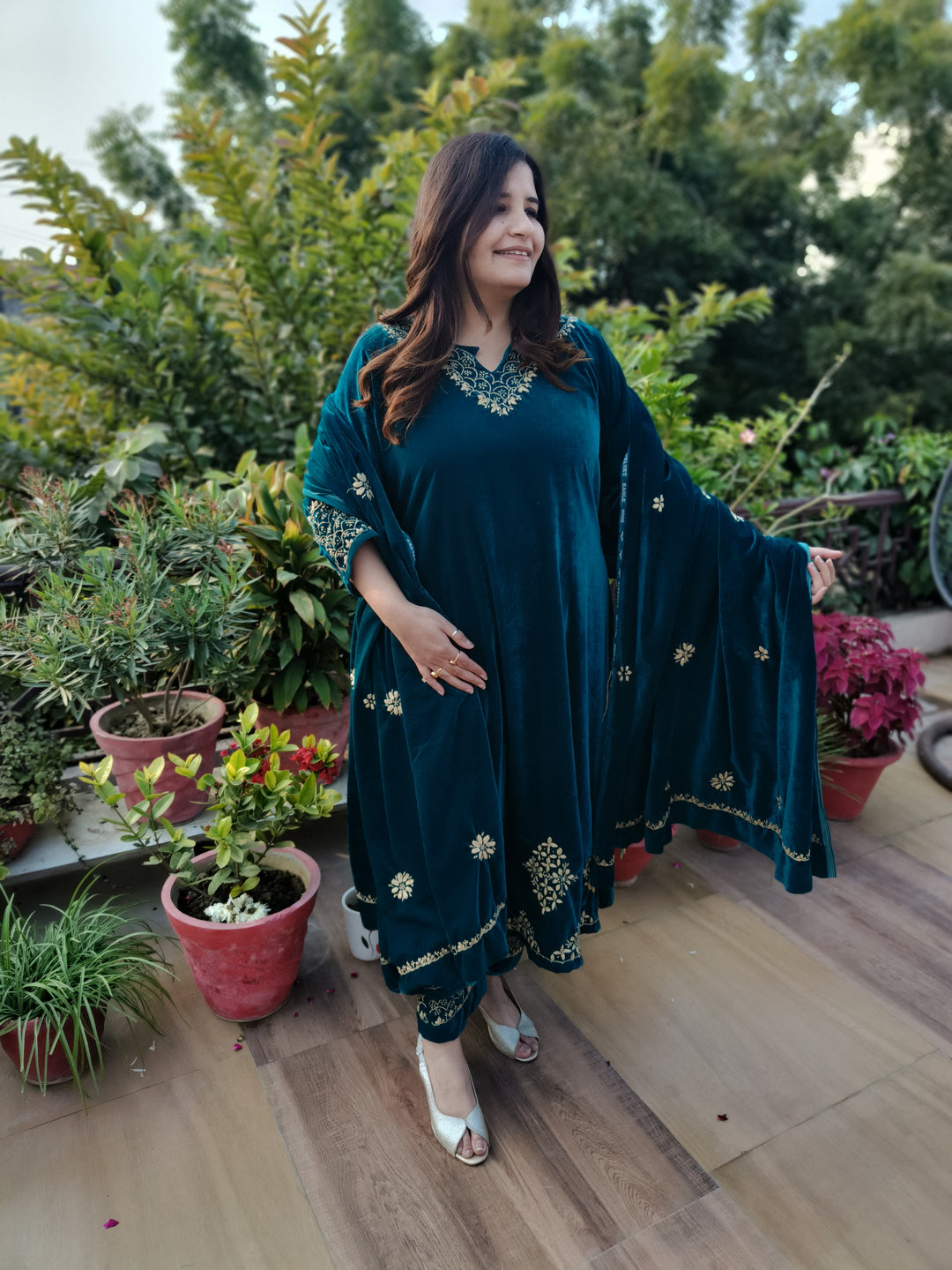 Teal Green Velvet Chikankari kurta with Pant Set Custom-Made