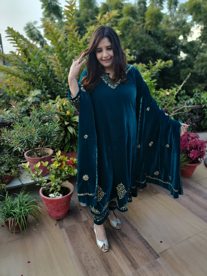 Teal Green Velvet Chikankari kurta with Pant Set Custom-Made