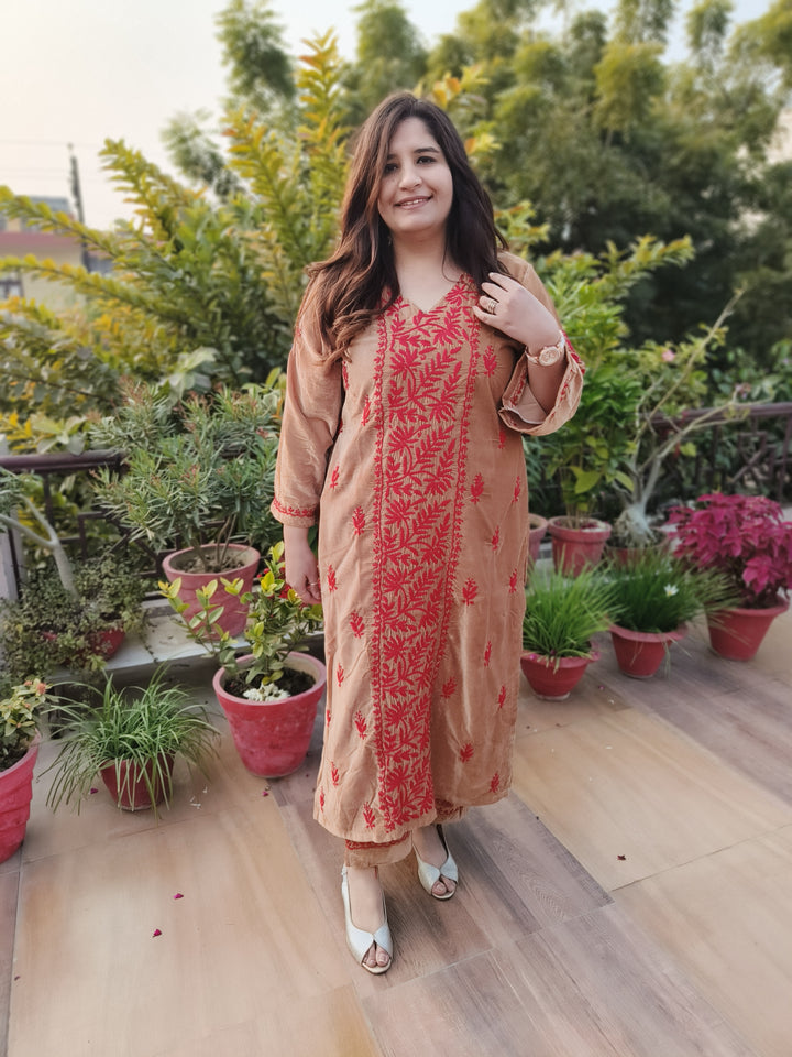 Light Brown Velvet Chikankari kurta with Pant Set Custom-Made