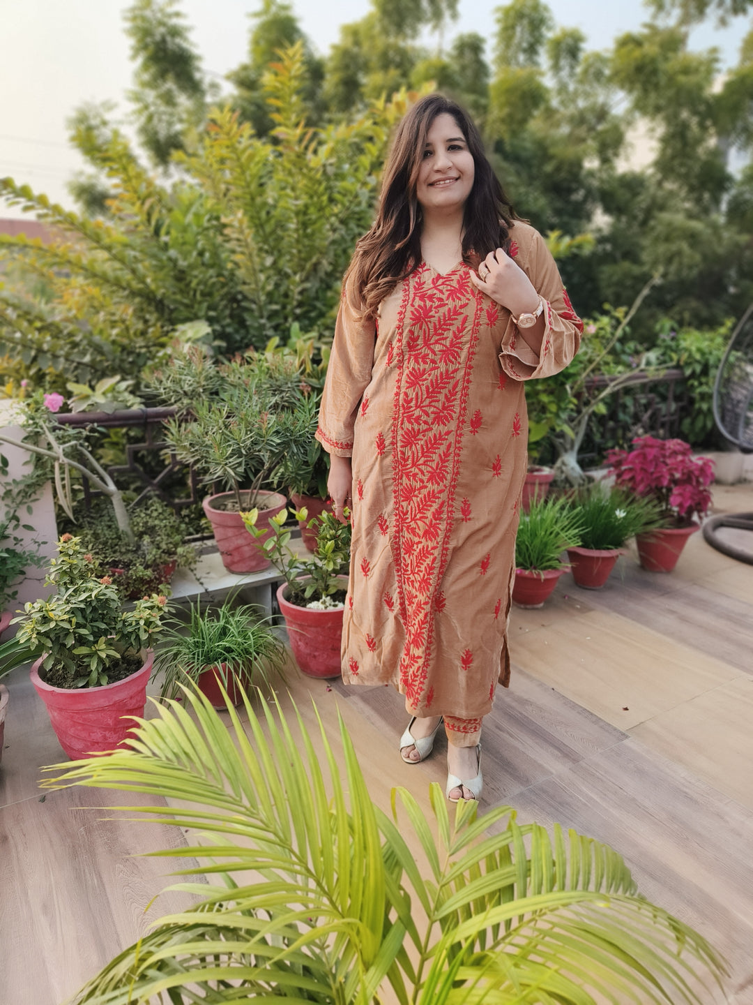 Light Brown Velvet Chikankari kurta with Pant Set Custom-Made