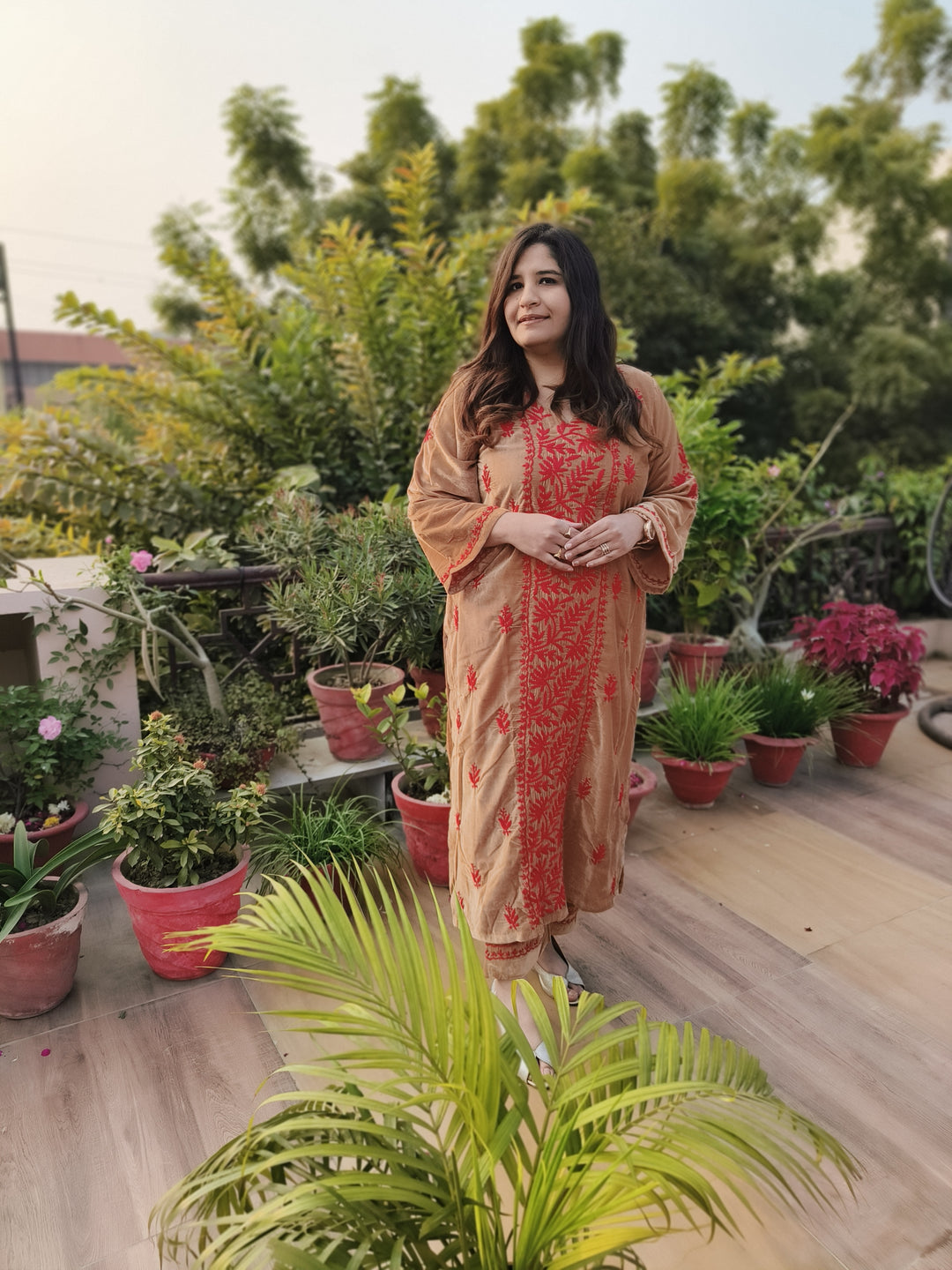 Light Brown Velvet Chikankari kurta with Pant Set Custom-Made