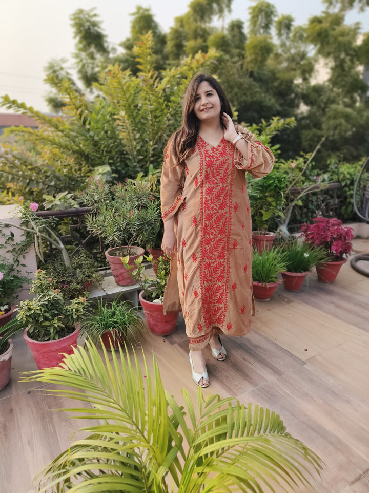 Light Brown Velvet Chikankari kurta with Pant Set Custom-Made