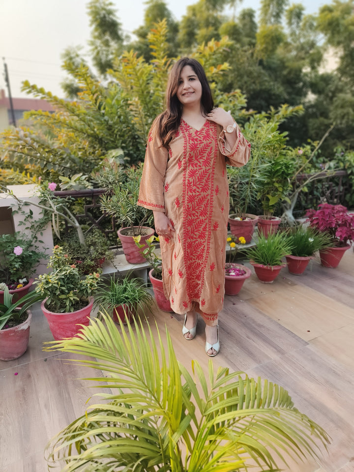 Light Brown Velvet Chikankari kurta with Pant Set Custom-Made