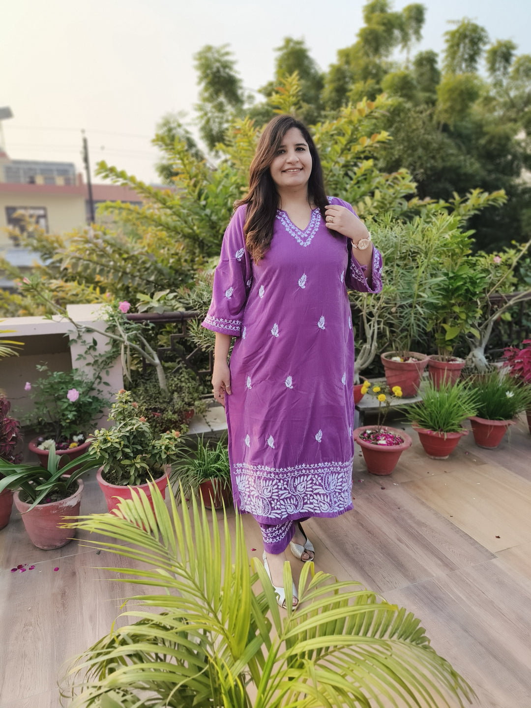 Lavender Velvet Chikankari kurta with Pant Set Custom-Made