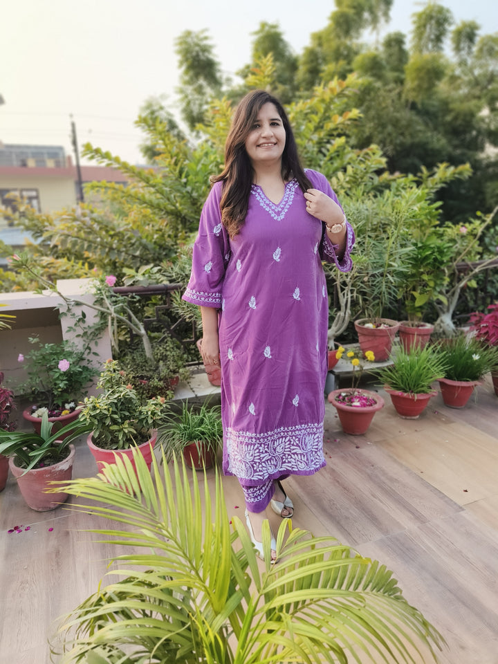 Lavender Velvet Chikankari kurta with Pant Set Custom-Made