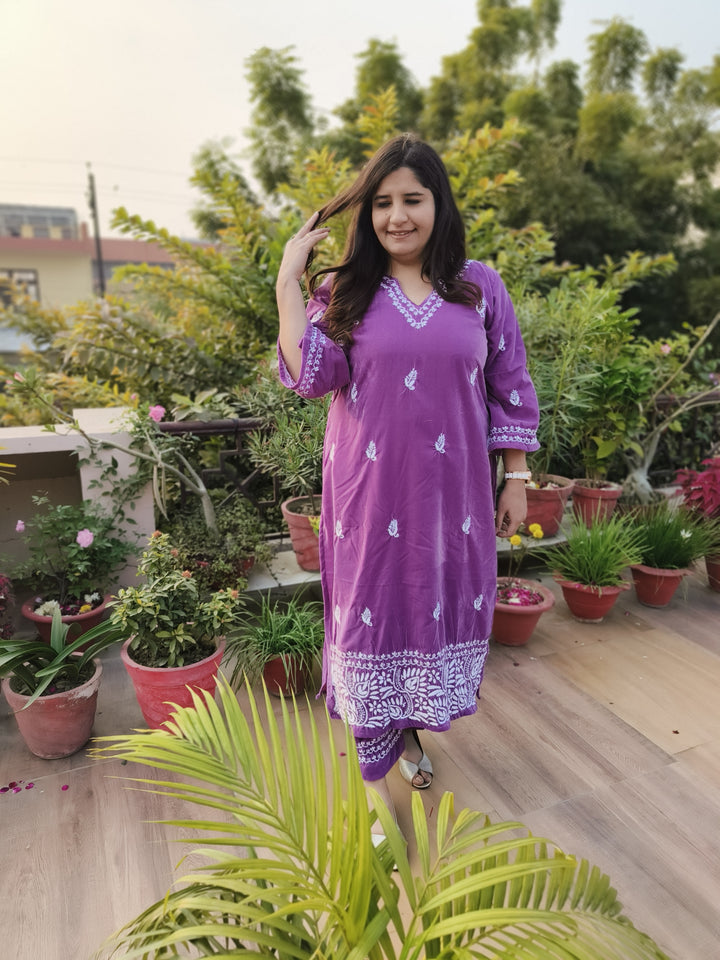 Lavender Velvet Chikankari kurta with Pant Set Custom-Made
