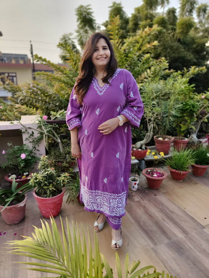 Lavender Velvet Chikankari kurta with Pant Set Custom-Made