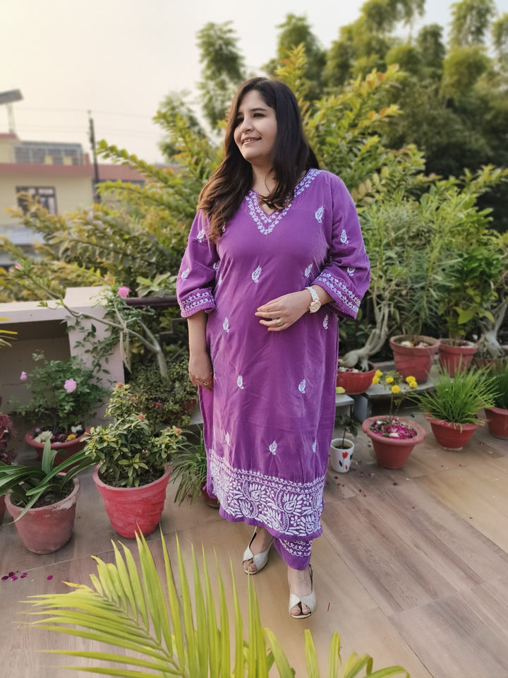 Lavender Velvet Chikankari kurta with Pant Set Custom-Made