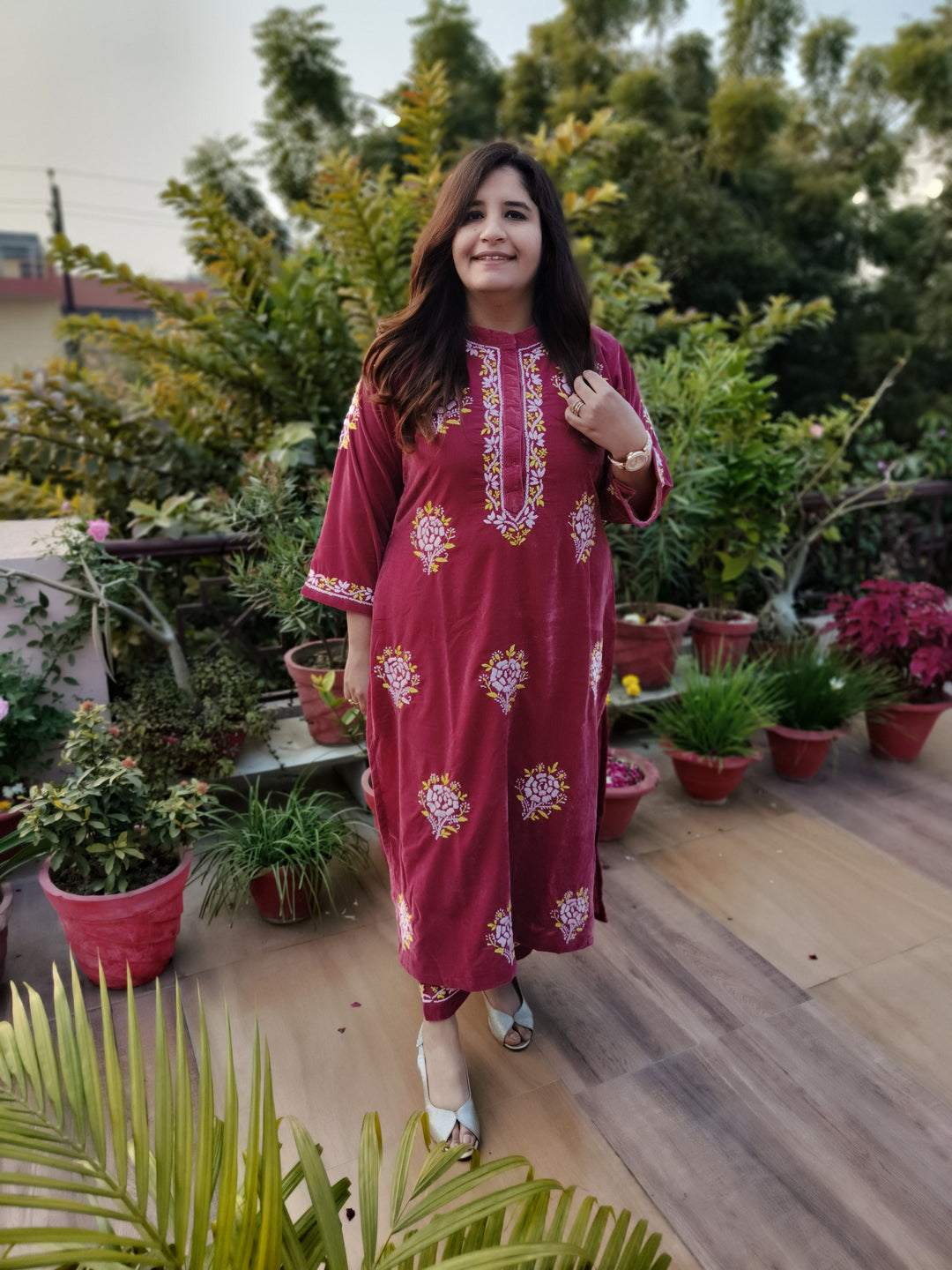 Rust Velvet Chikankari kurta with Pant Set Custom-Made