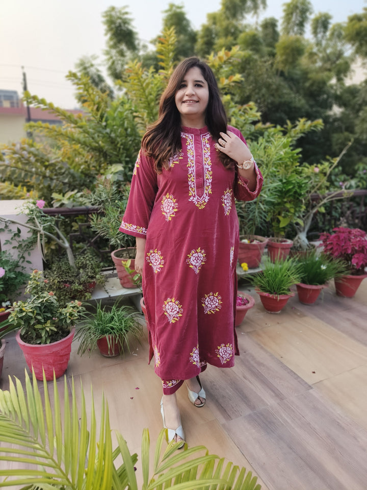 Rust Velvet Chikankari kurta with Pant Set Custom-Made