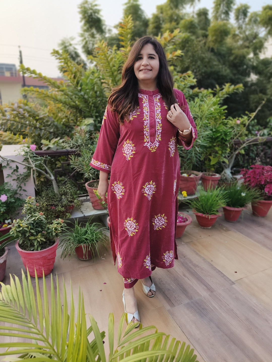 Rust Velvet Chikankari kurta with Pant Set Custom-Made