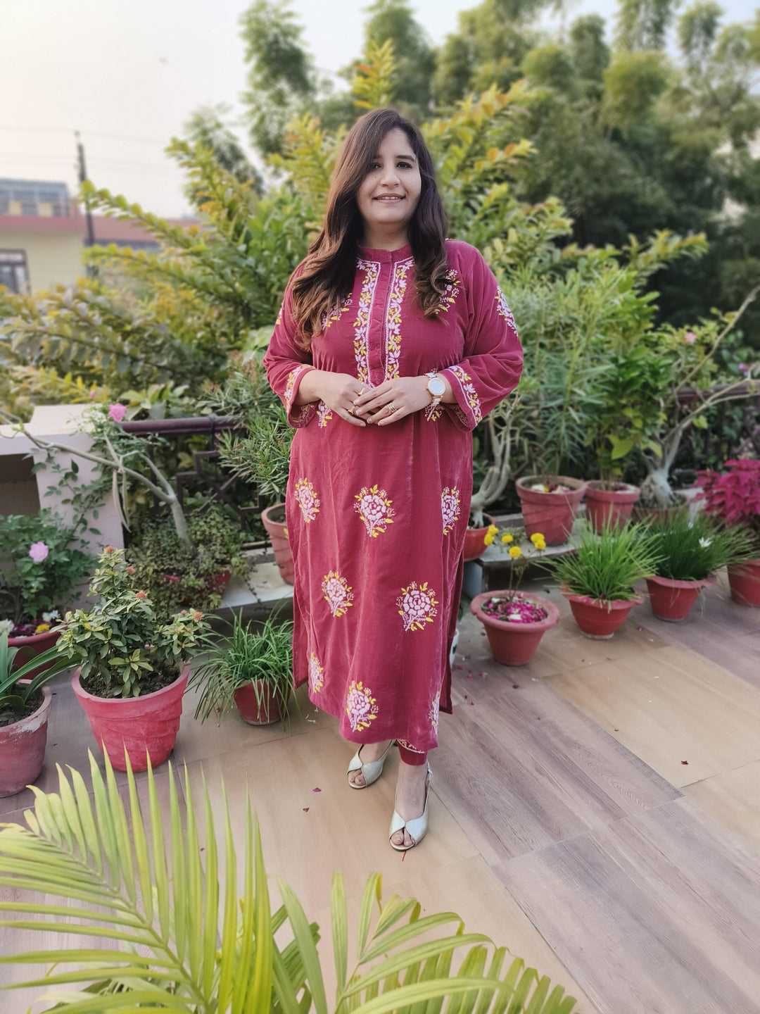 Rust Velvet Chikankari kurta with Pant Set Custom-Made