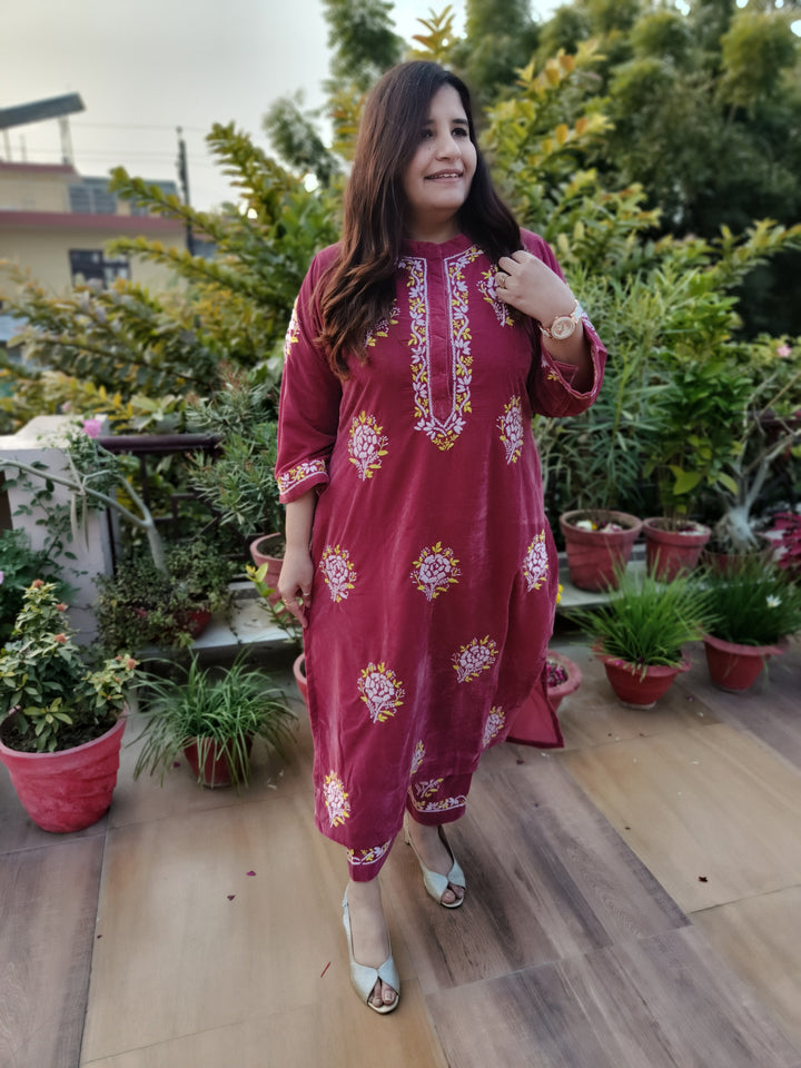 Rust Velvet Chikankari kurta with Pant Set Custom-Made