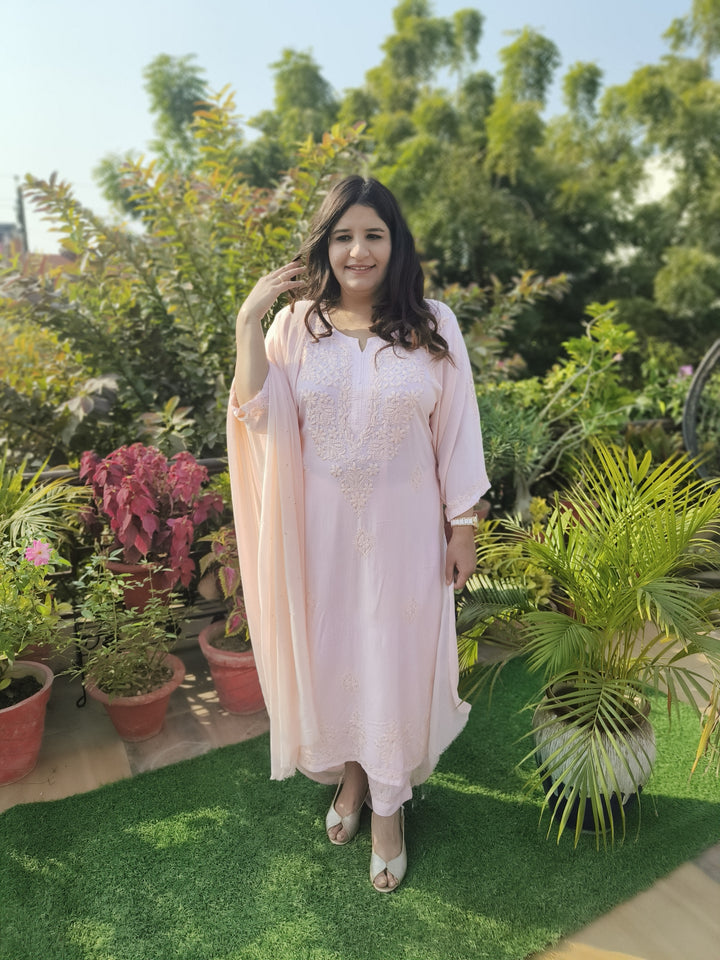 Light Peach Rayon Chikankari Suit Set -Custom Made
