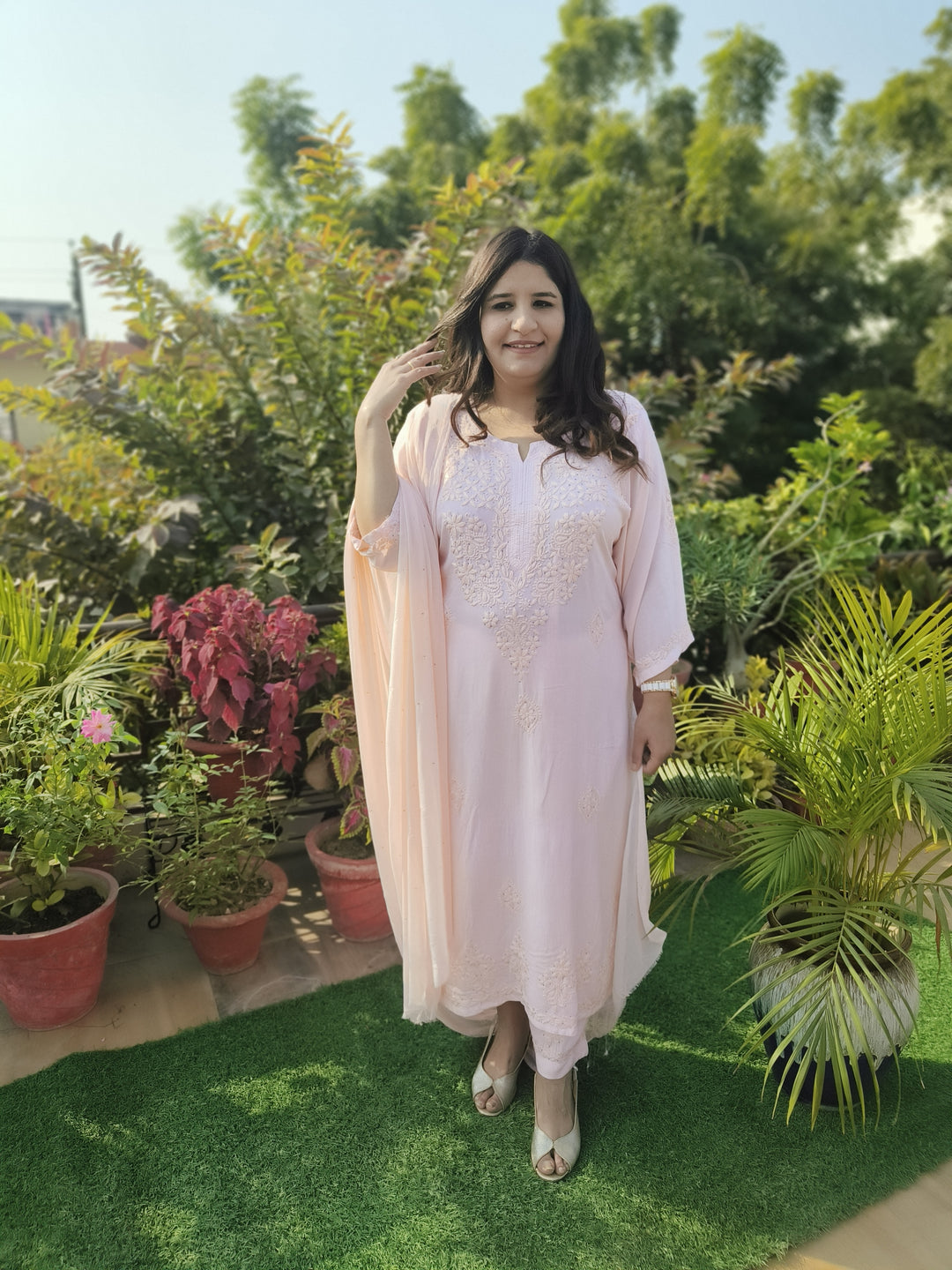 Light Peach Rayon Chikankari Suit Set -Custom Made