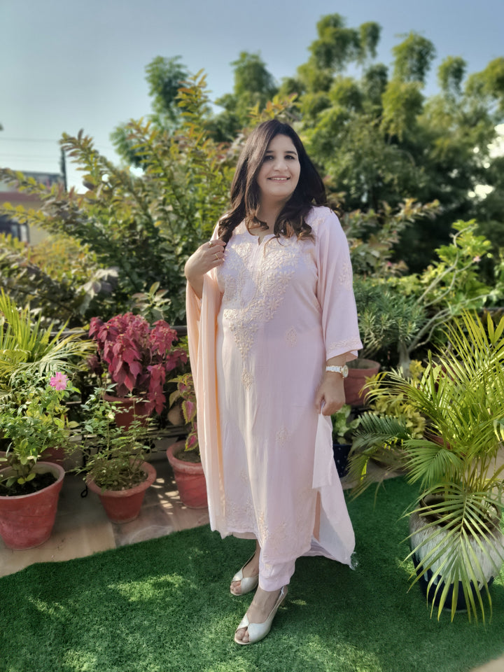 Light Peach Rayon Chikankari Suit Set -Custom Made