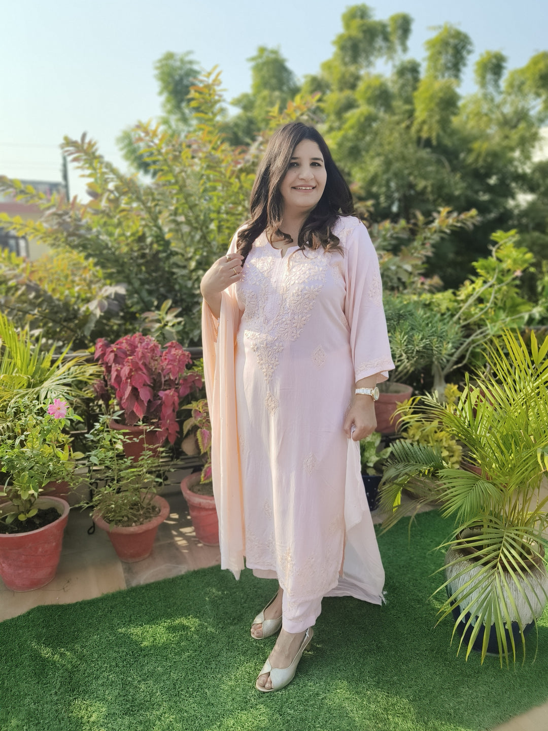 Light Peach Rayon Chikankari Suit Set -Custom Made