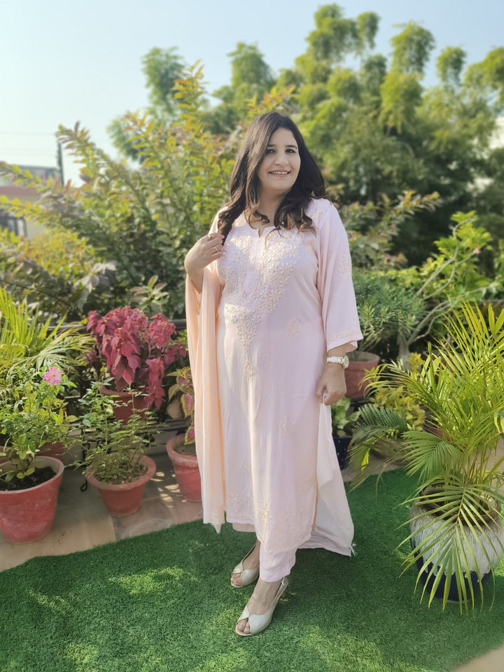 Light Peach Rayon Chikankari Suit Set -Custom Made