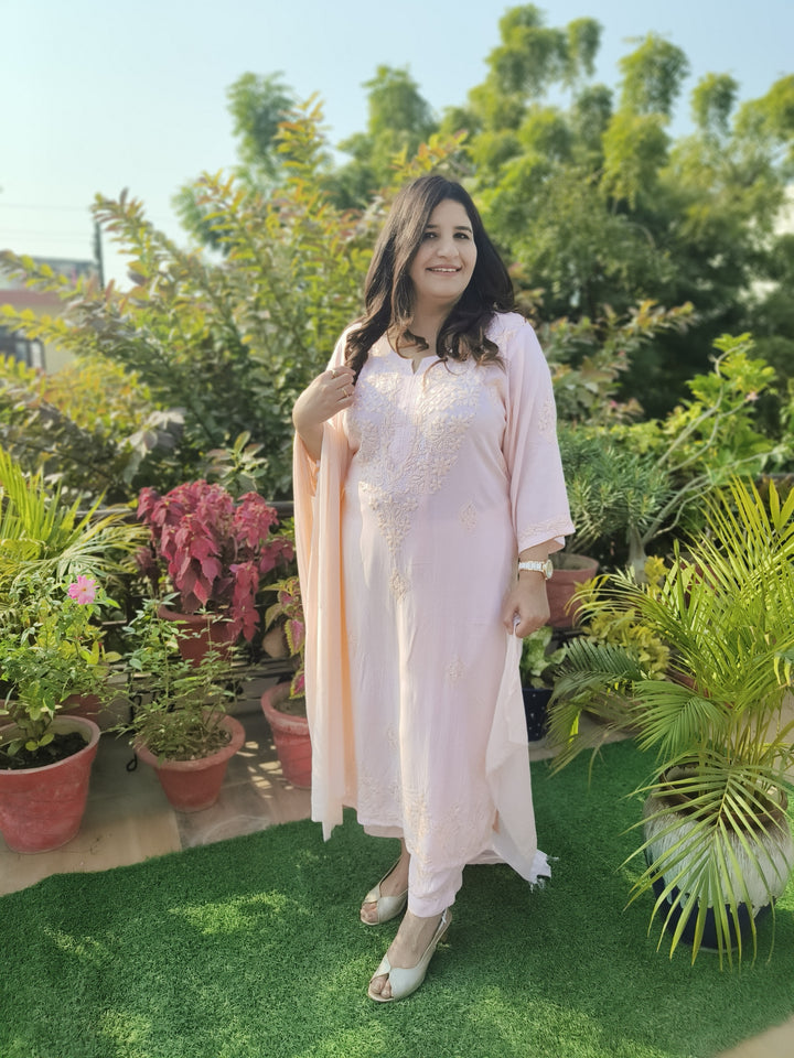Light Peach Rayon Chikankari Suit Set -Custom Made