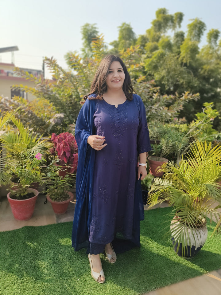 Navy Blue Rayon Chikankari Suit Set -Custom Made