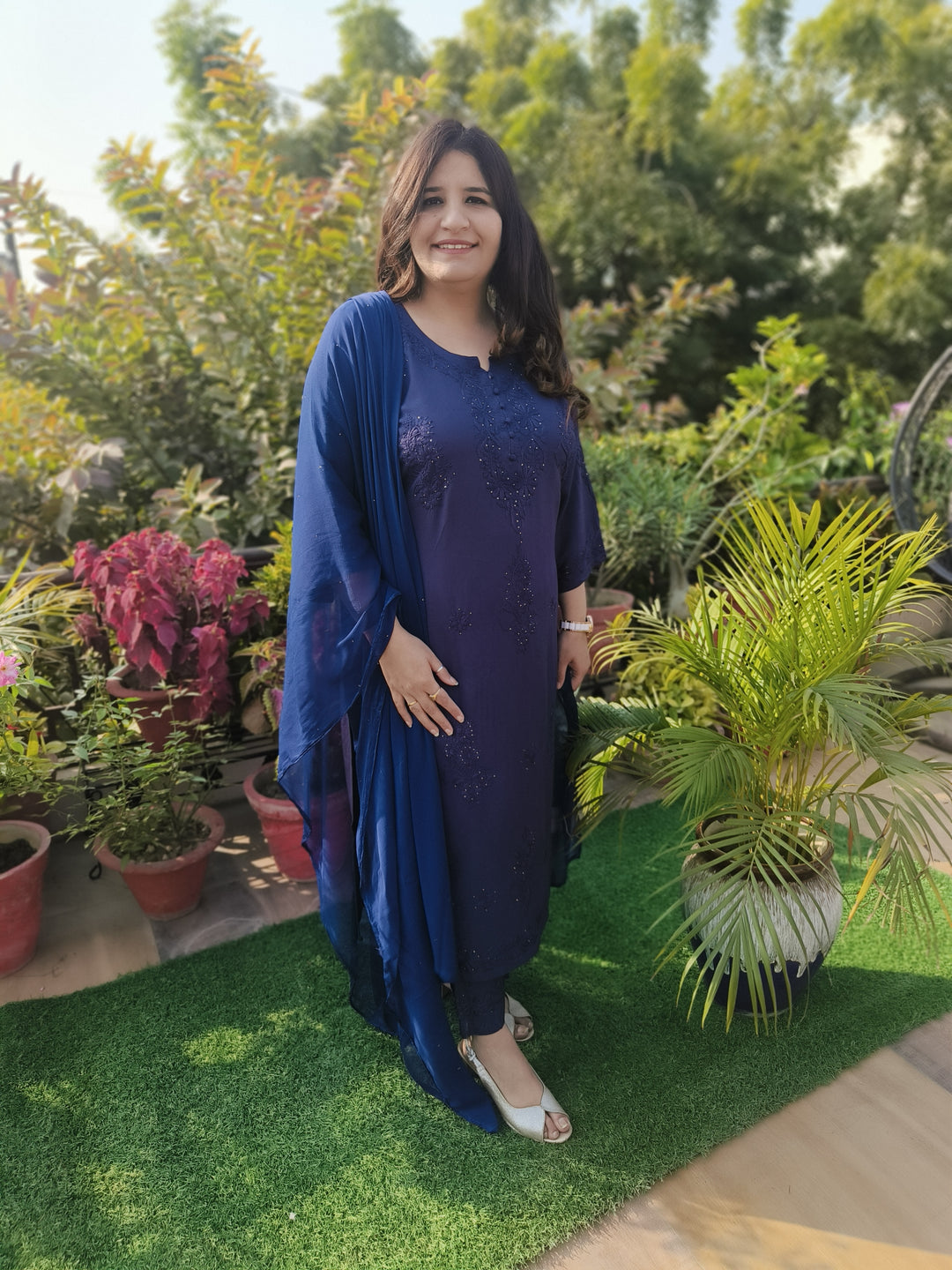 Navy Blue Rayon Chikankari Suit Set -Custom Made