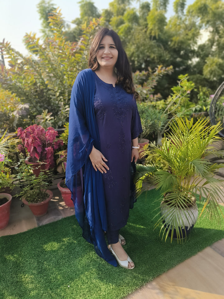 Navy Blue Rayon Chikankari Suit Set -Custom Made