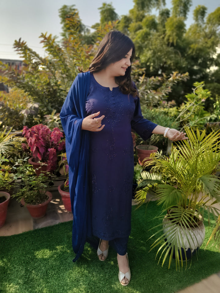Navy Blue Rayon Chikankari Suit Set -Custom Made