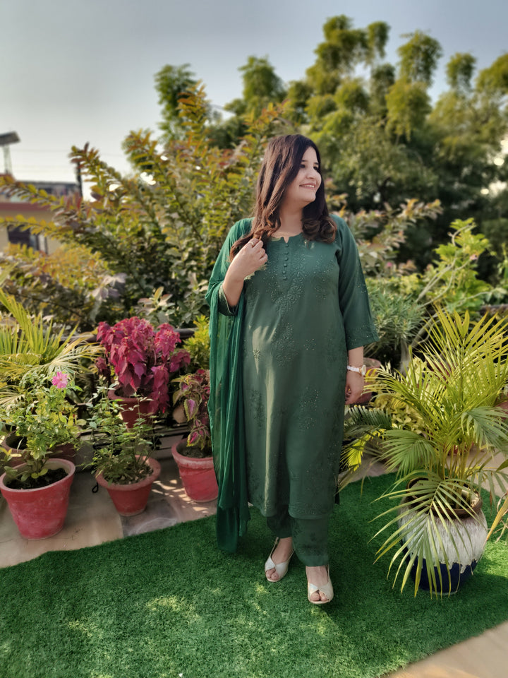 Dark Green Rayon Chikankari Suit Set