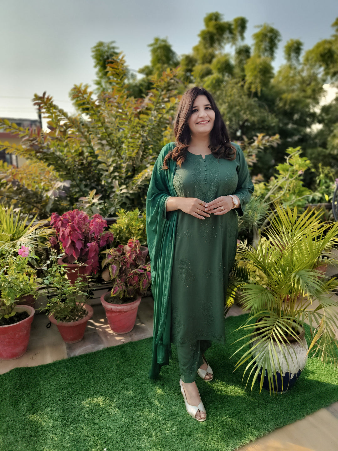 Dark Green Rayon Chikankari Suit Set