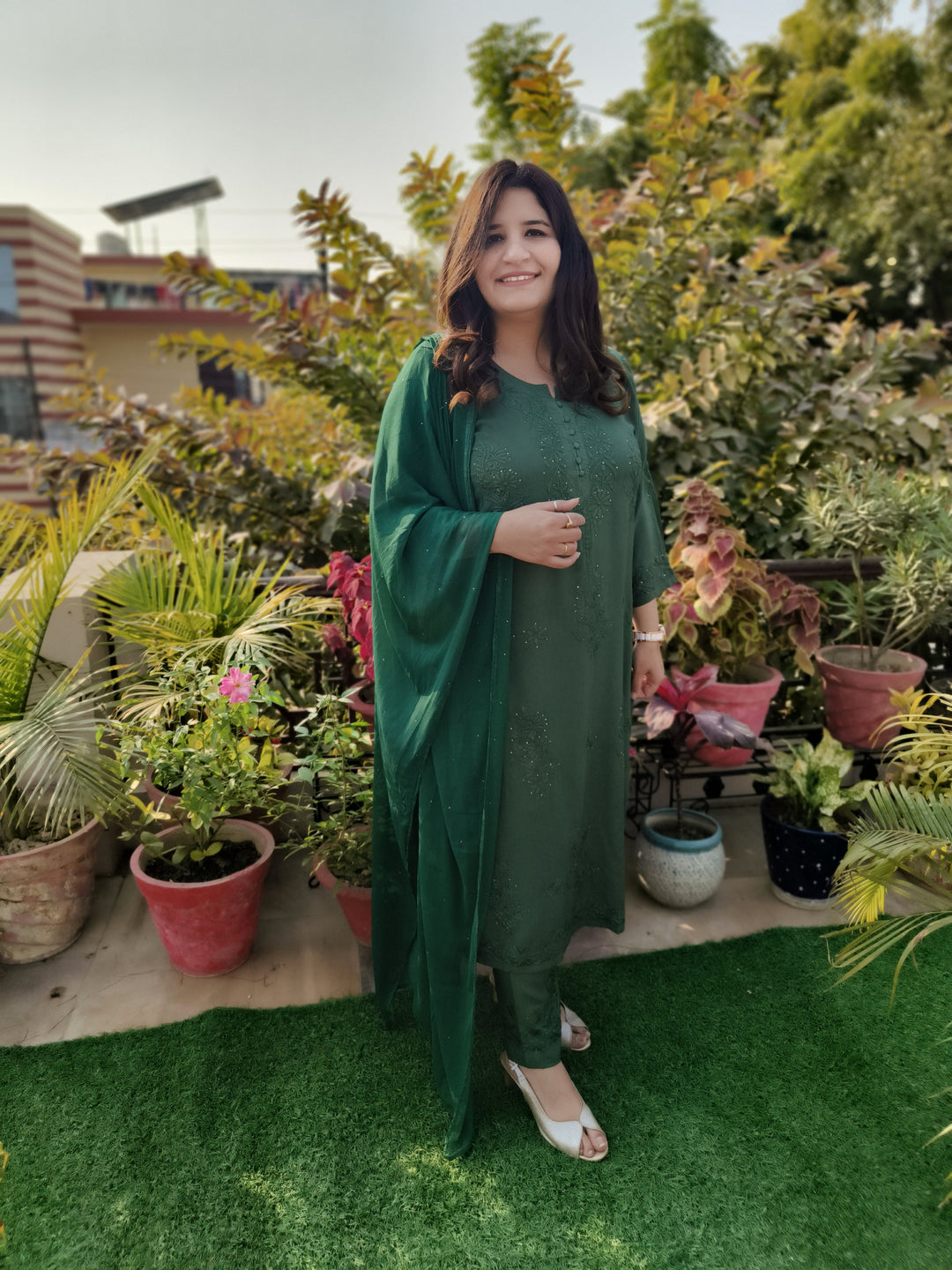 Dark Green Rayon Chikankari Suit Set