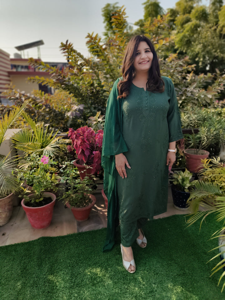 Dark Green Rayon Chikankari Suit Set