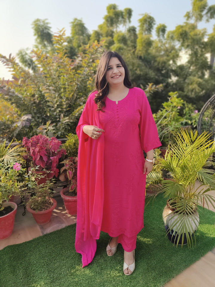 Rani Pink Rayon Chikankari Suit Set -Custom Made