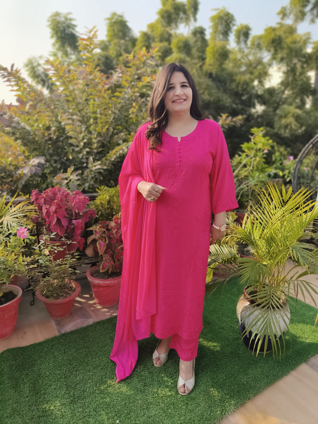 Rani Pink Rayon Chikankari Suit Set -Custom Made