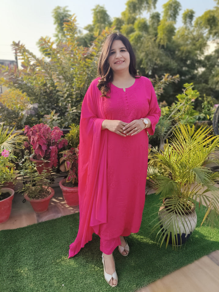 Rani Pink Rayon Chikankari Suit Set -Custom Made
