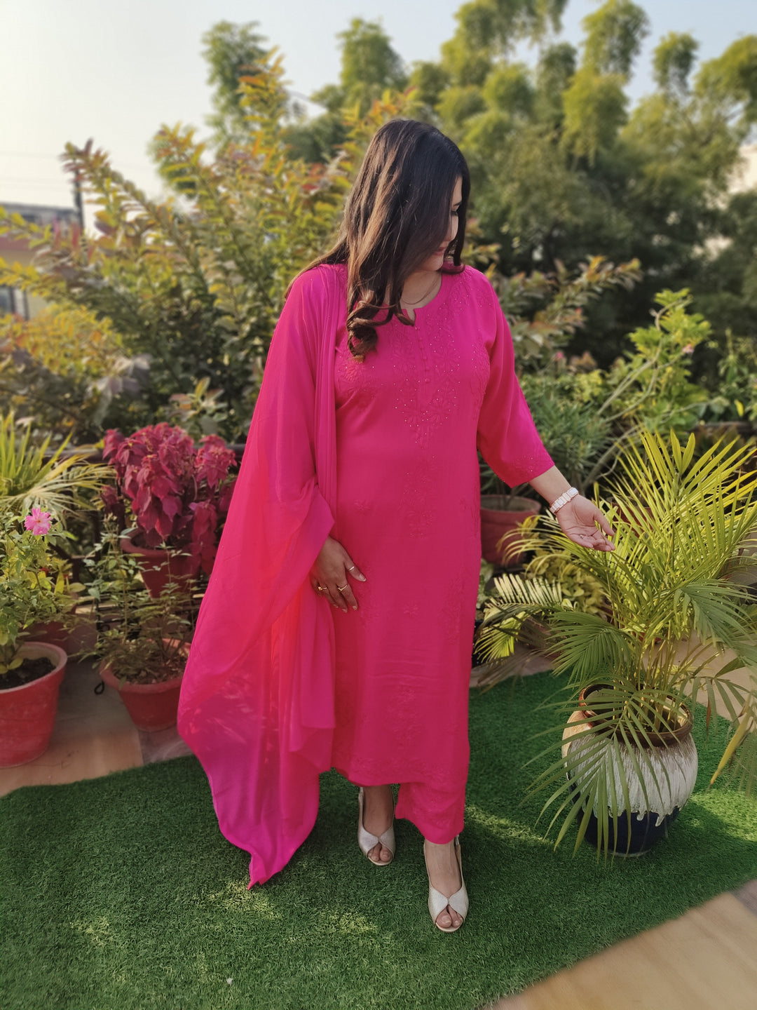 Rani Pink Rayon Chikankari Suit Set -Custom Made