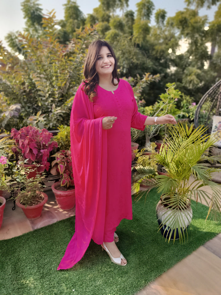 Rani Pink Rayon Chikankari Suit Set -Custom Made