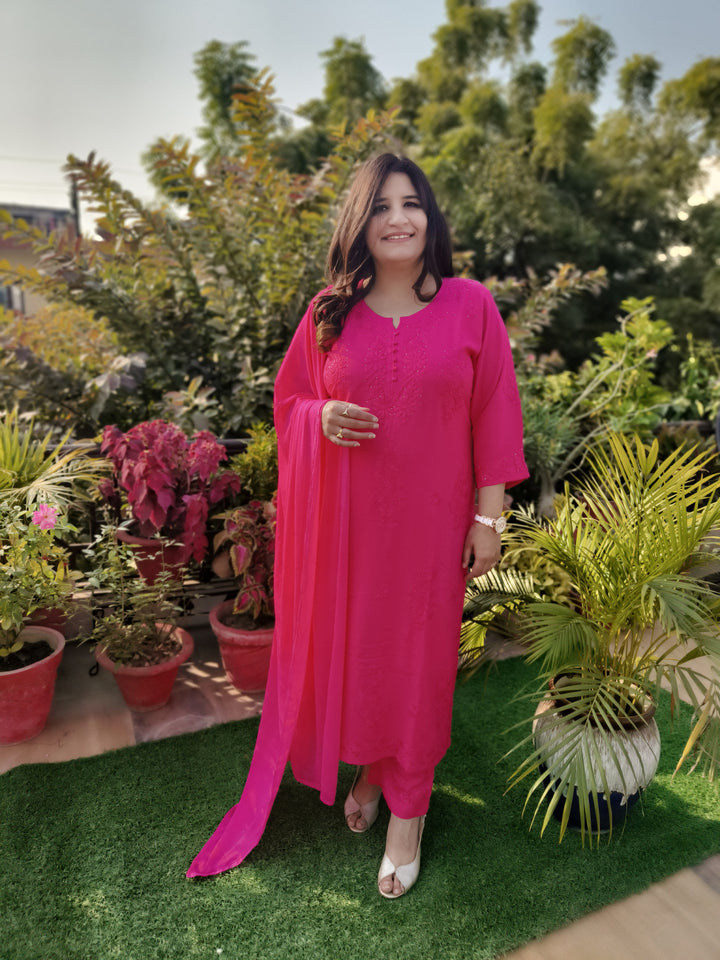 Rani Pink Rayon Chikankari Suit Set -Custom Made